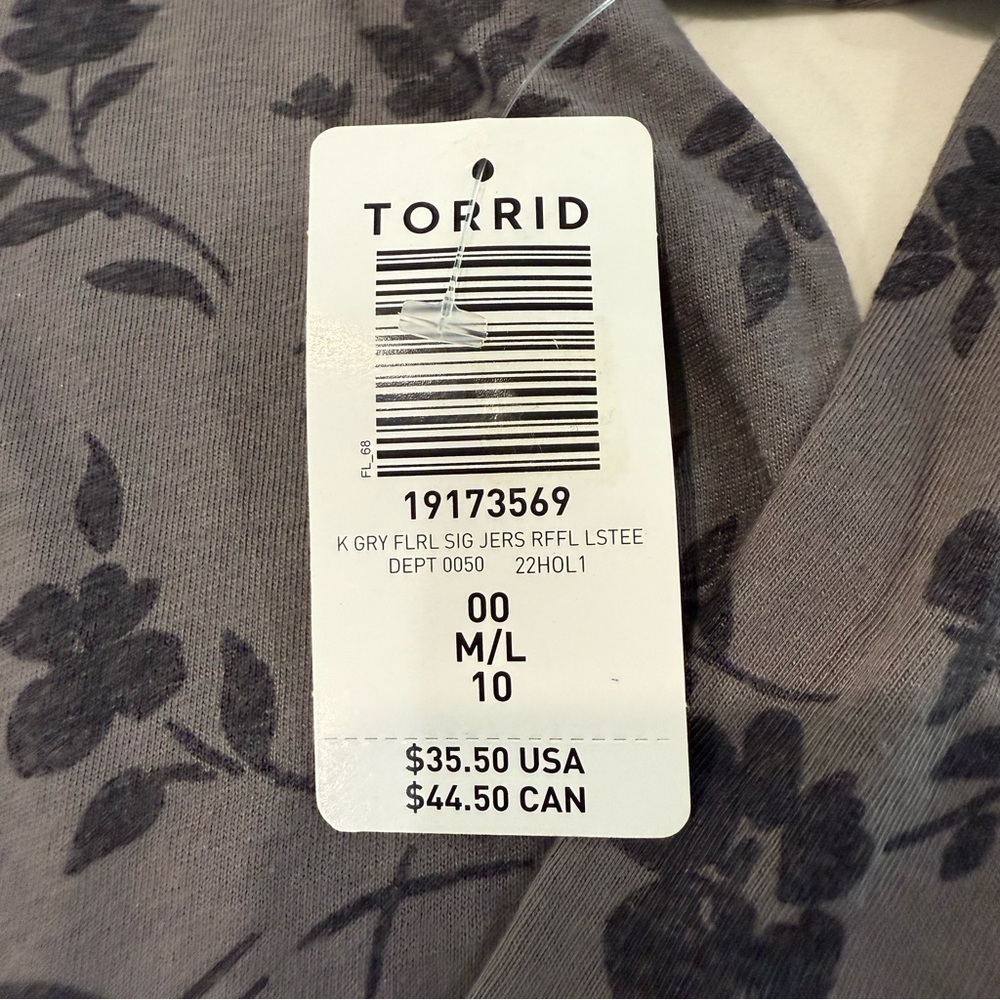 Torrid NWT CrewNeck Ruffle Shoulder Floral LongSleeve Shirt Womens 00 (M/L) Gray - Picture 3 of 6